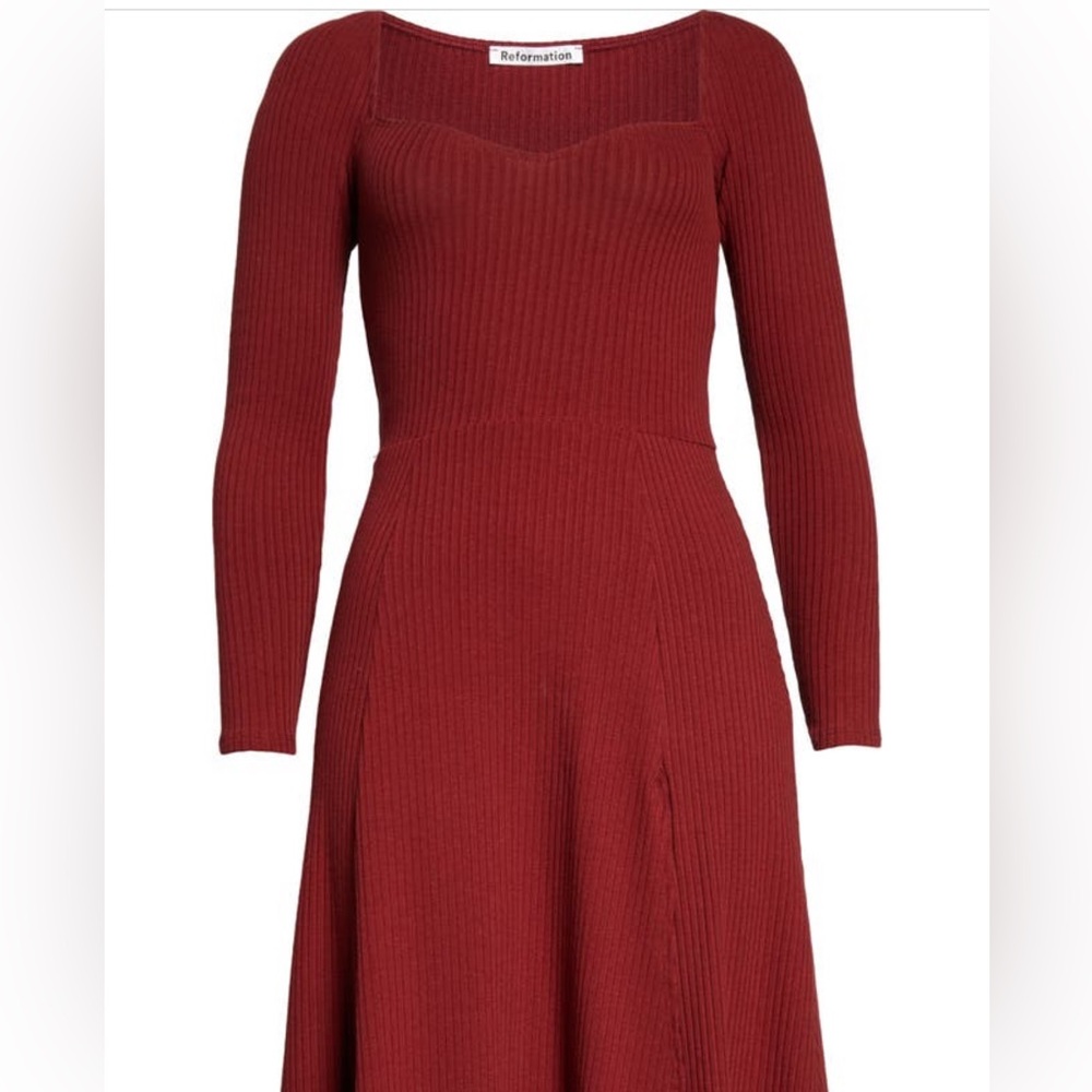 Reformation Ribbed Long-Sleeve Midi Dress in Burgundy - Picture 3 of 6